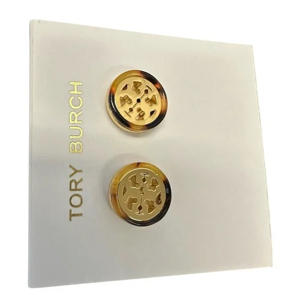Tory Burch Miller Tortoise Gold Tone Double-T Logo Stud Earrings Women’s New - Picture 2 of 7